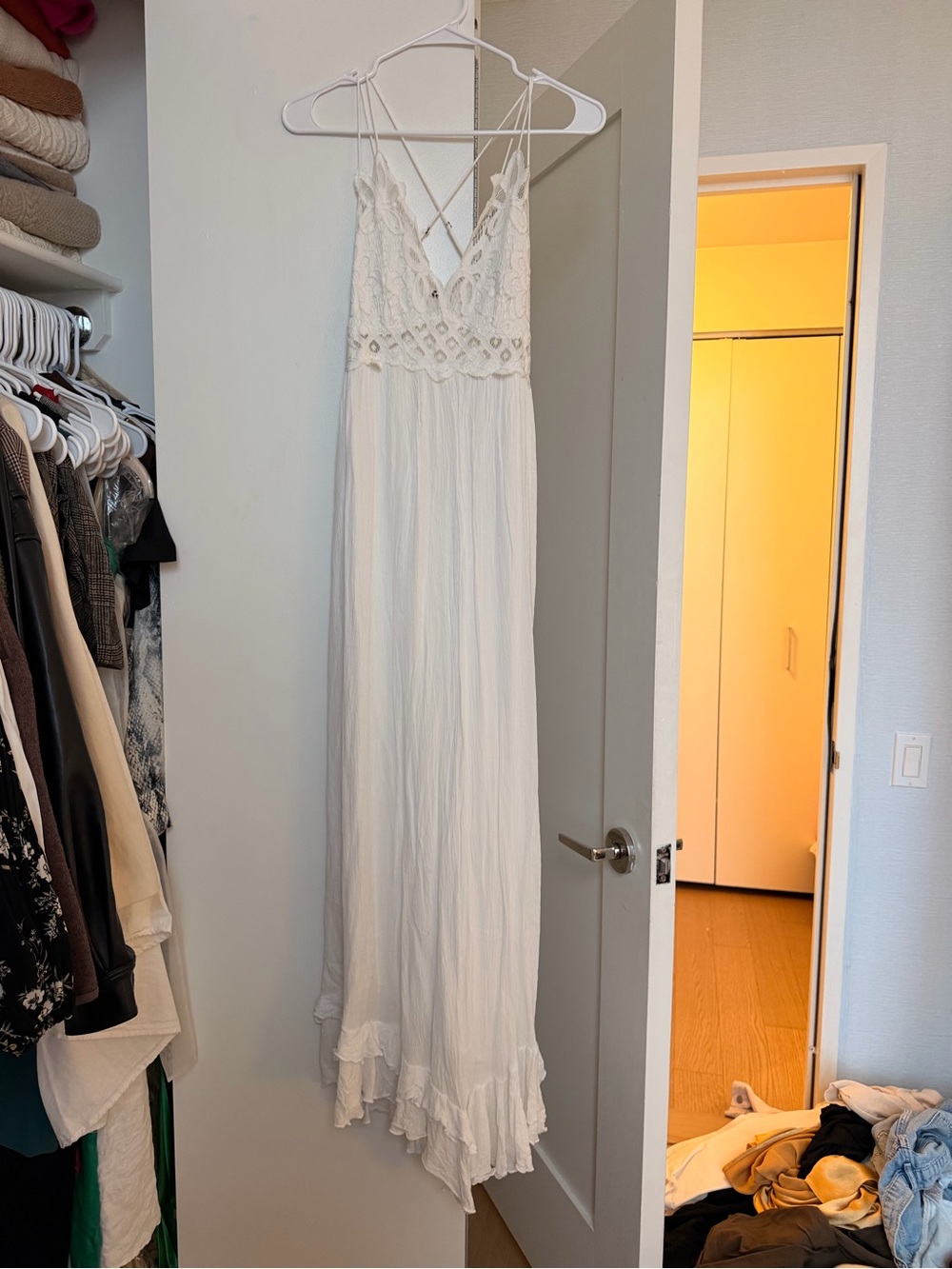 Free People White Lace Bodice Maxi Dress with Crisscross Straps